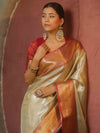 Banarasee Handwoven Tissue Saree With Zari Broad Broder-Sliver & Red
