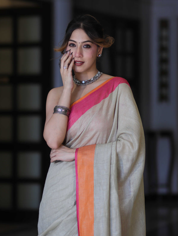 Bhagalpur Handloom Pure Linen Saree With Dual Tone Contrast Pallu-Grey