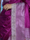 Banarasee Handloom Plain Mashru Silk Saree With Lace Border & Meenadar Pallu-Magenta