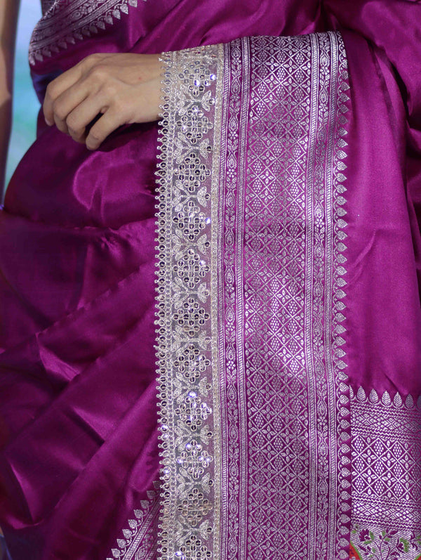 Banarasee Handloom Plain Mashru Silk Saree With Lace Border & Meenadar Pallu-Magenta
