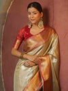 Banarasee Handwoven Tissue Saree With Zari Broad Broder-Sliver & Red