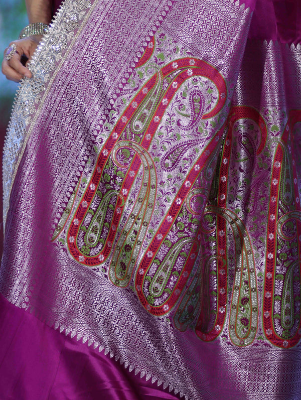 Banarasee Handloom Plain Mashru Silk Saree With Lace Border & Meenadar Pallu-Magenta