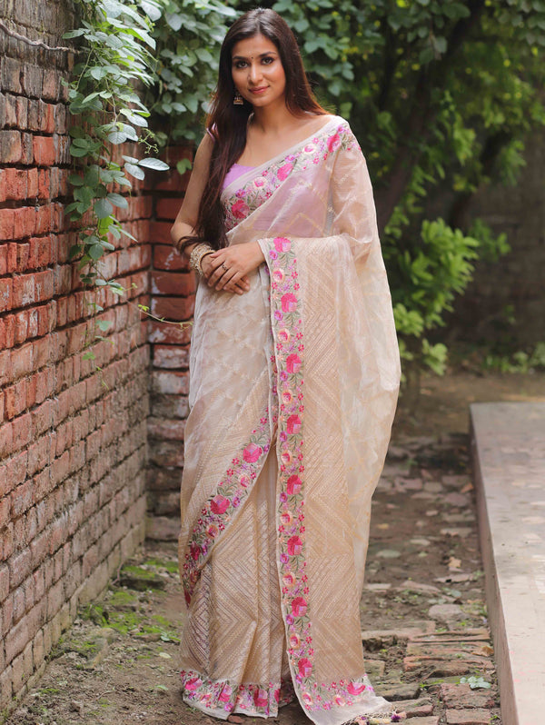 Banarasee Handloom Pure Tissue Silk Embroidered Saree-Gold
