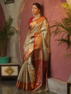 Banarasee Handwoven Tissue Saree With Zari Broad Broder-Sliver & Red