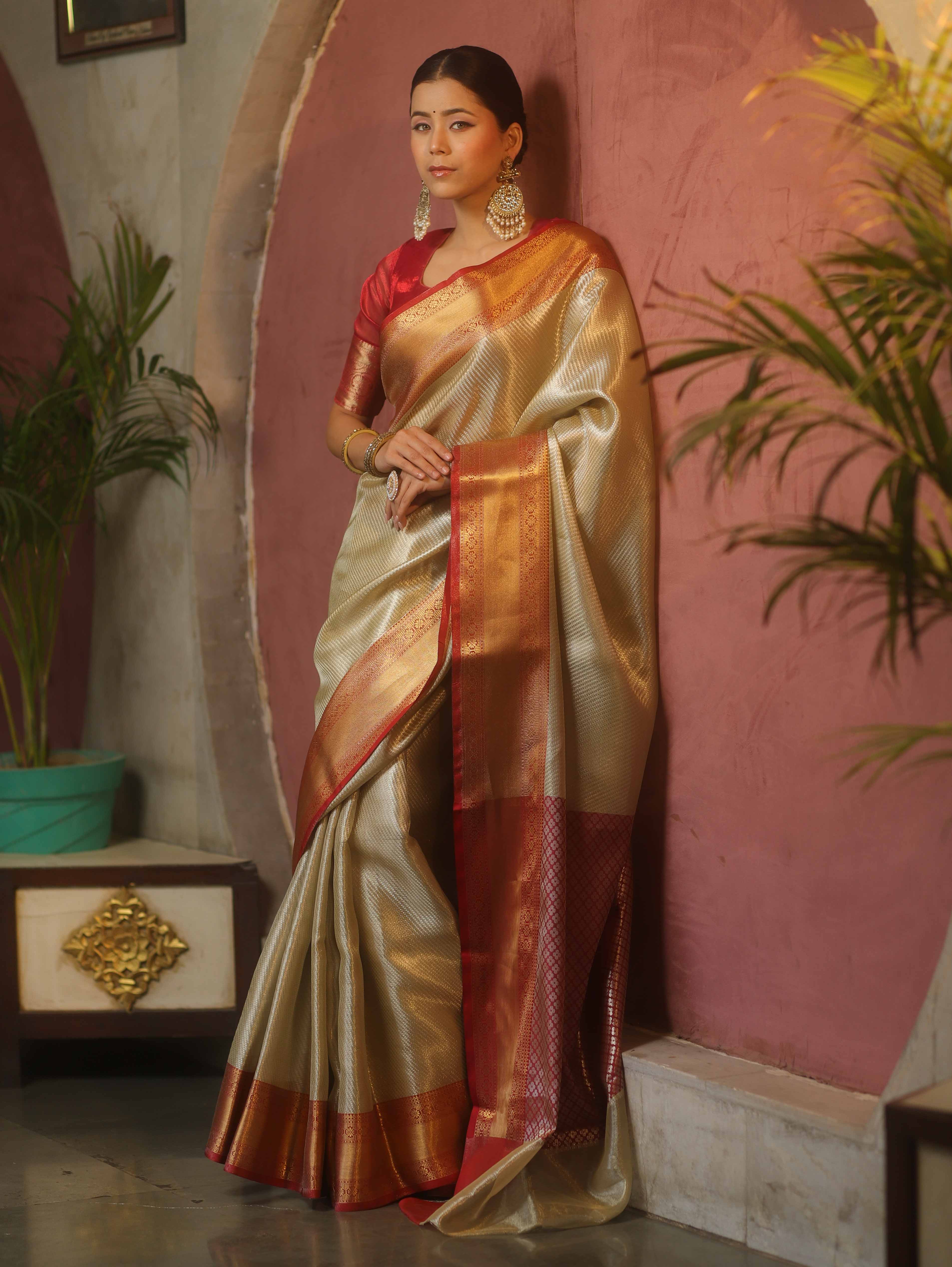 Banarasee Handwoven Tissue Saree With Zari Broad Broder-Sliver & Red
