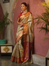 Banarasee Handwoven Tissue Saree With Zari Broad Broder-Sliver & Red
