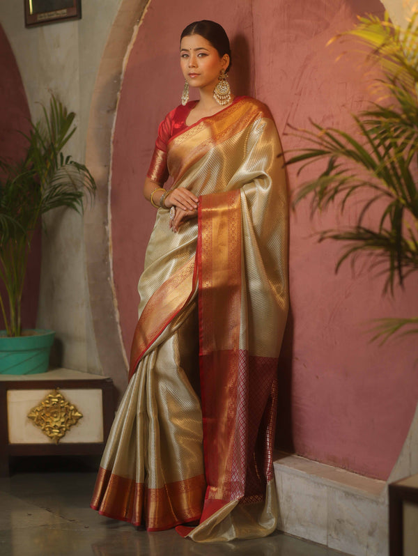 Banarasee Handwoven Tissue Saree With Zari Broad Broder-Sliver & Red