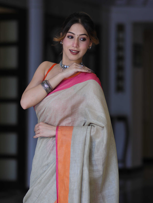 Bhagalpur Handloom Pure Linen Saree With Dual Tone Contrast Pallu-Grey