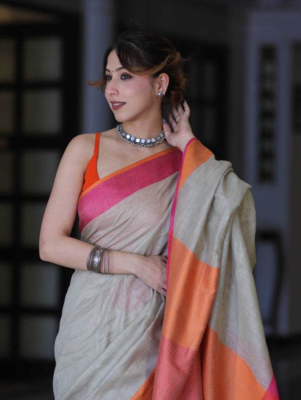 Bhagalpur Handloom Pure Linen Saree With Dual Tone Contrast Pallu-Grey