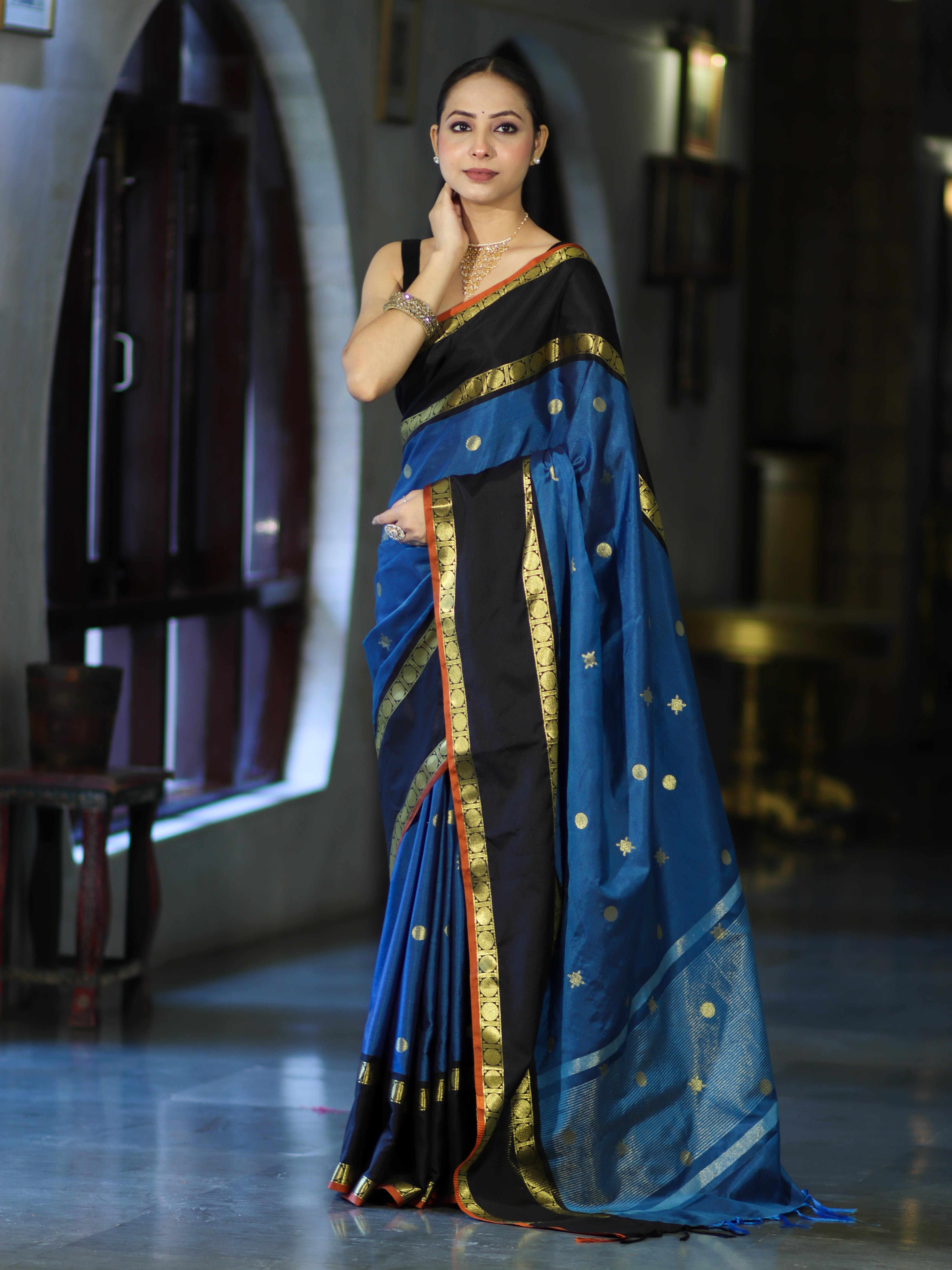 Banarasee Handloom Semi Silk Saree With Buti Design & Contrast Border-Blue & Black