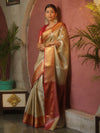 Banarasee Handwoven Tissue Saree With Zari Broad Broder-Sliver & Red