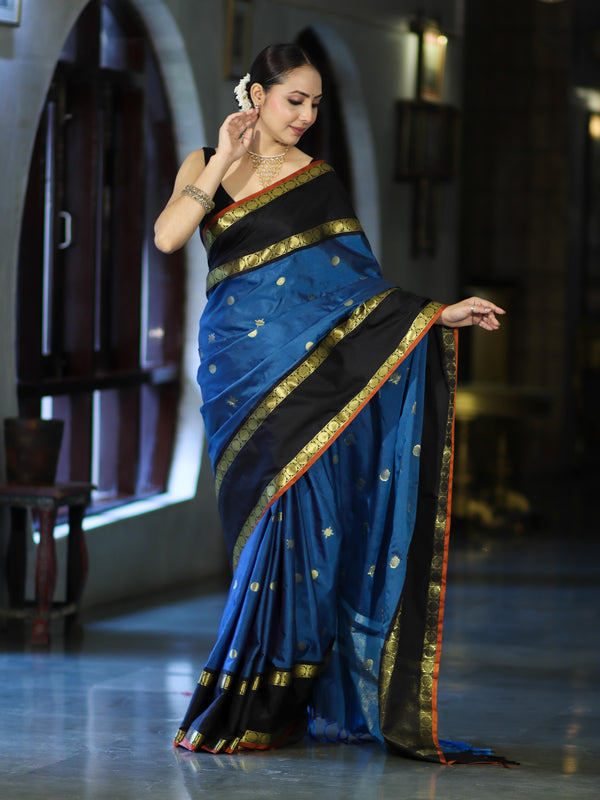 Banarasee Handloom Semi Silk Saree With Buti Design & Contrast Border-Blue & Black