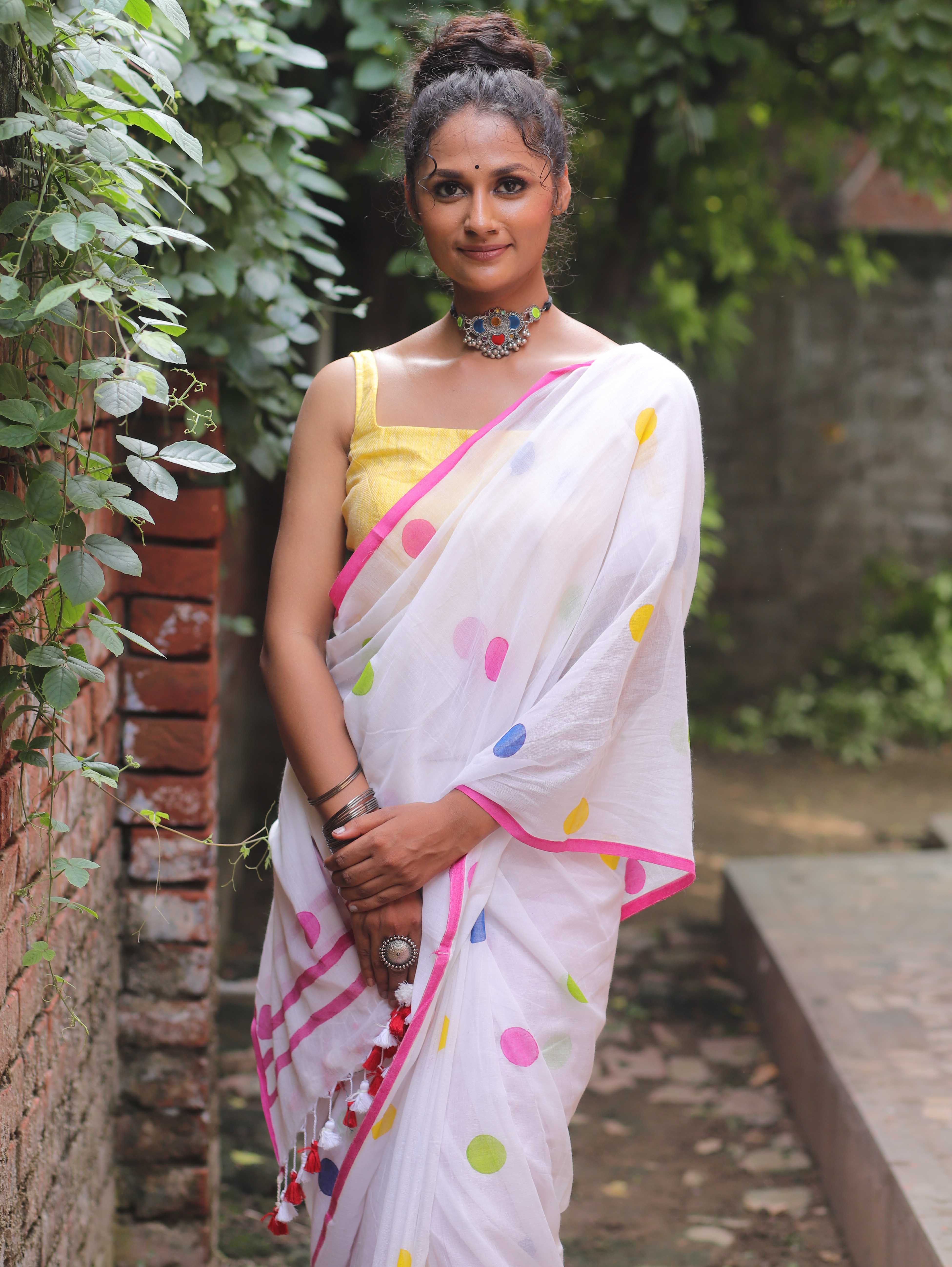Handloom Mul Cotton Polka Dot Saree-White