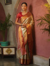 Banarasee Handwoven Tissue Saree With Zari Broad Broder-Sliver & Red