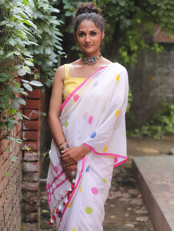 Handloom Mul Cotton Polka Dot Saree-White