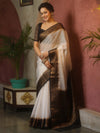 Banarasee Handwoven Semi Silk Plain Saree With Zari Contrast Border-White & Black