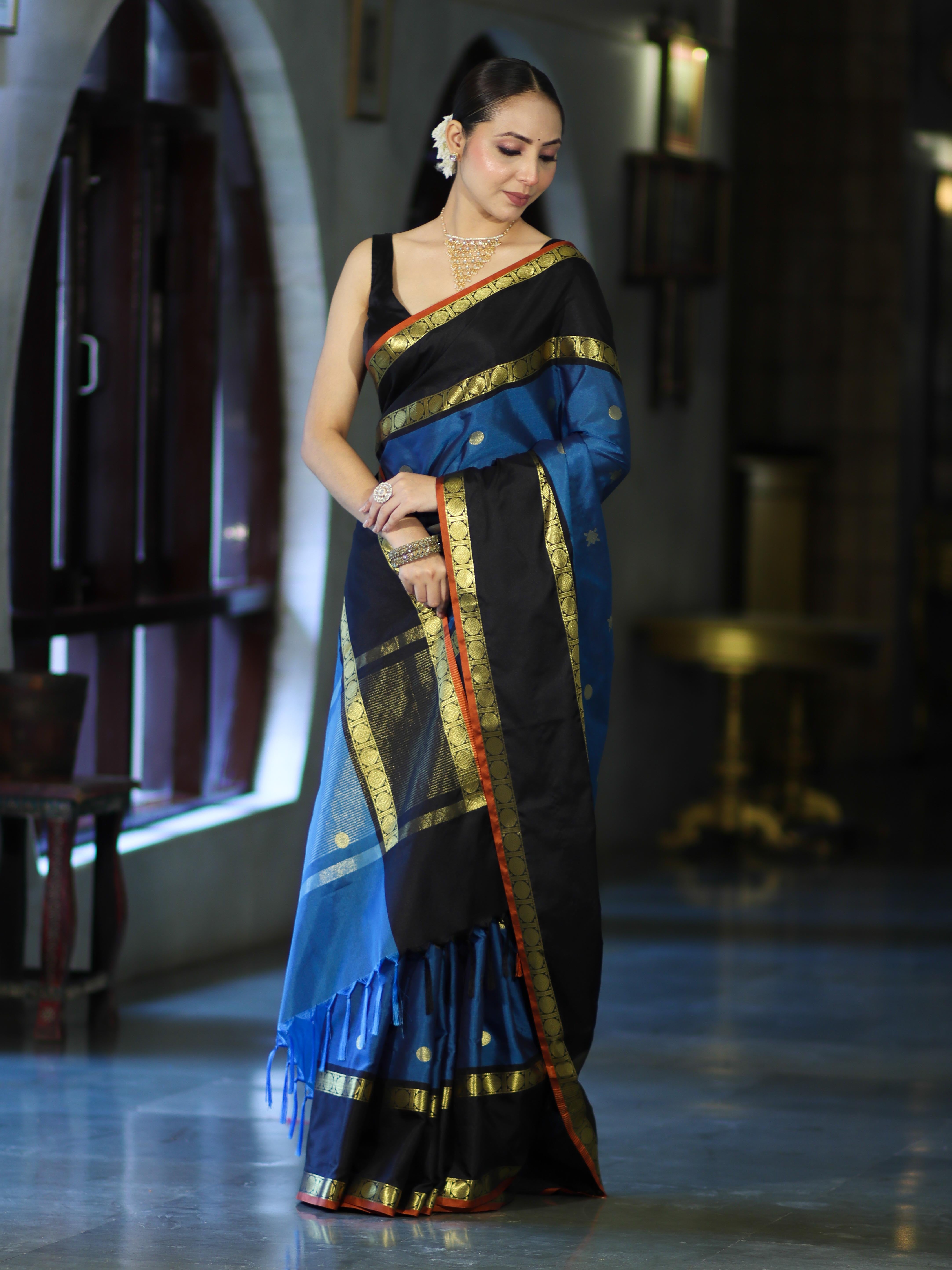 Banarasee Handloom Semi Silk Saree With Buti Design & Contrast Border-Blue & Black