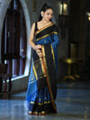 Banarasee Handloom Semi Silk Saree With Buti Design & Contrast Border-Blue & Black