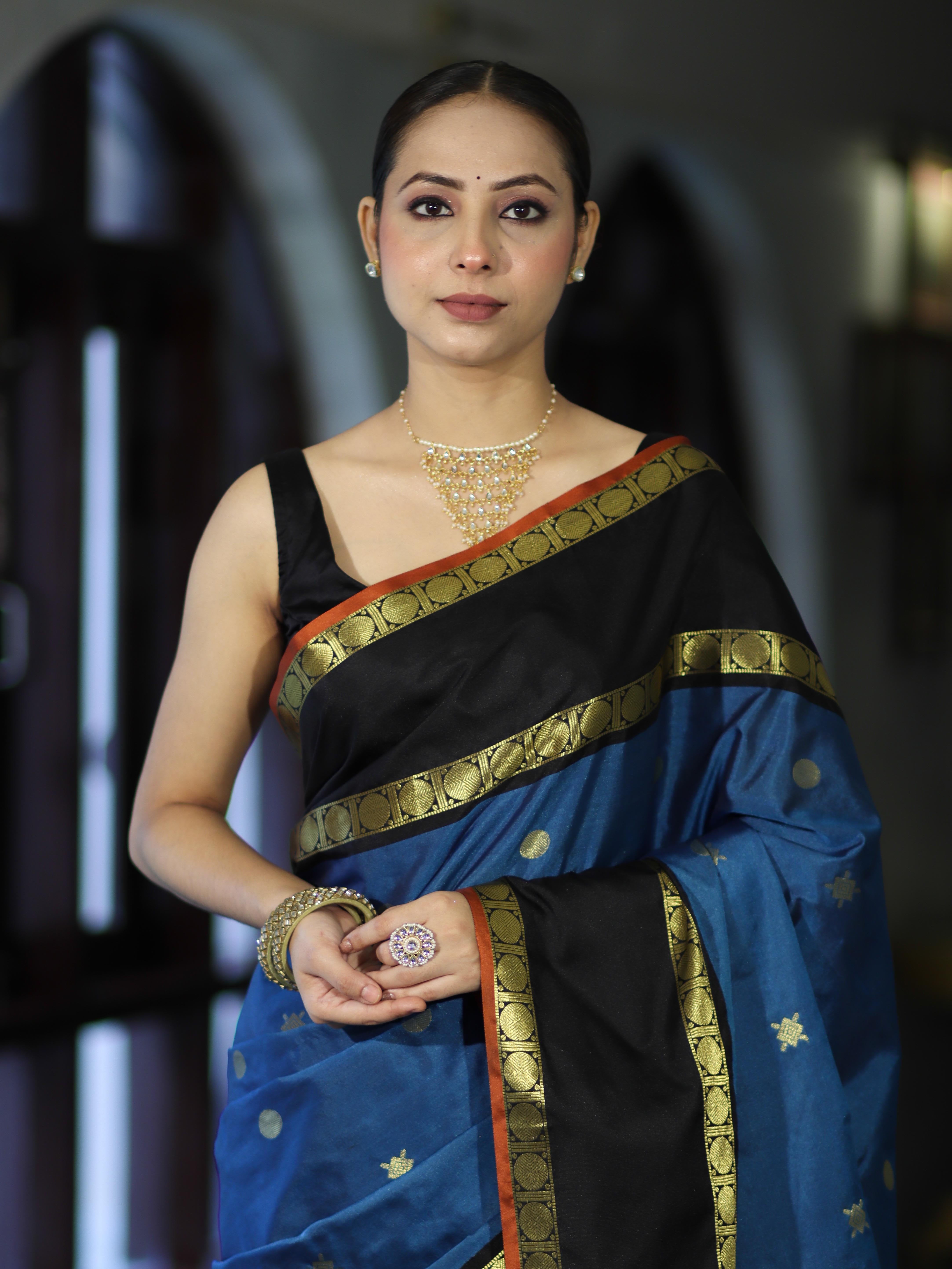 Banarasee Handloom Semi Silk Saree With Buti Design & Contrast Border-Blue & Black