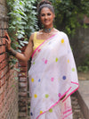 Handloom Mul Cotton Polka Dot Saree-White