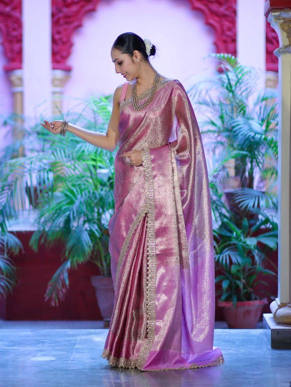 Banarasee Handloom Tissue Saree With Zari Weaving Floral Work & Lace Border-Light Pink