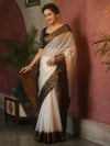 Banarasee Handwoven Semi Silk Plain Saree With Zari Contrast Border-White & Black
