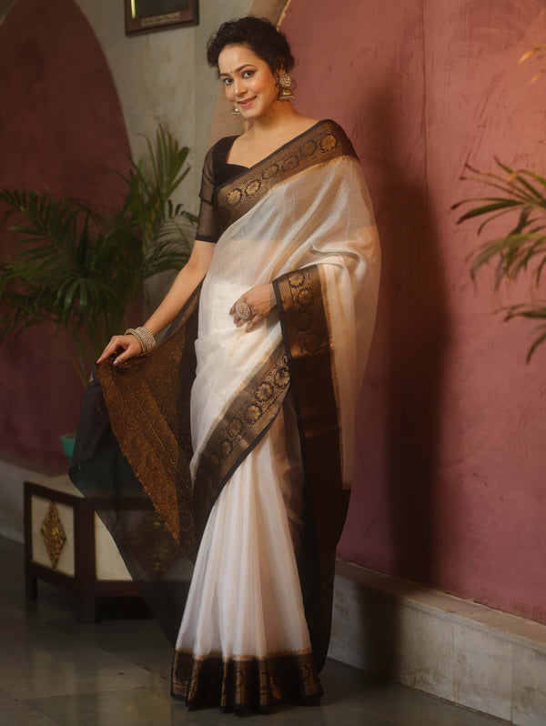 Banarasee Handwoven Semi Silk Plain Saree With Zari Contrast Border-White & Black