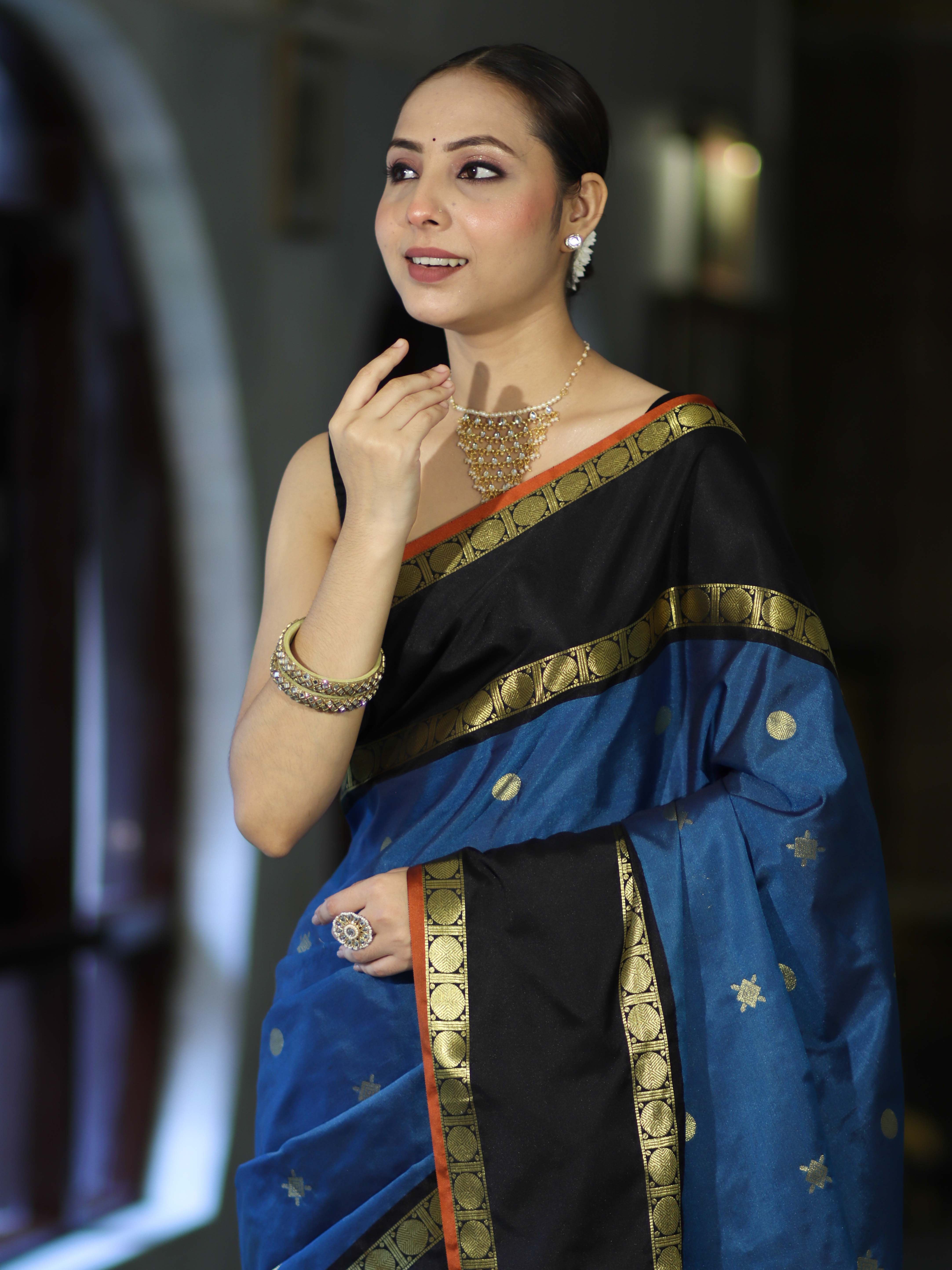 Banarasee Handloom Semi Silk Saree With Buti Design & Contrast Border-Blue & Black