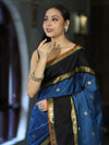 Banarasee Handloom Semi Silk Saree With Buti Design & Contrast Border-Blue & Black