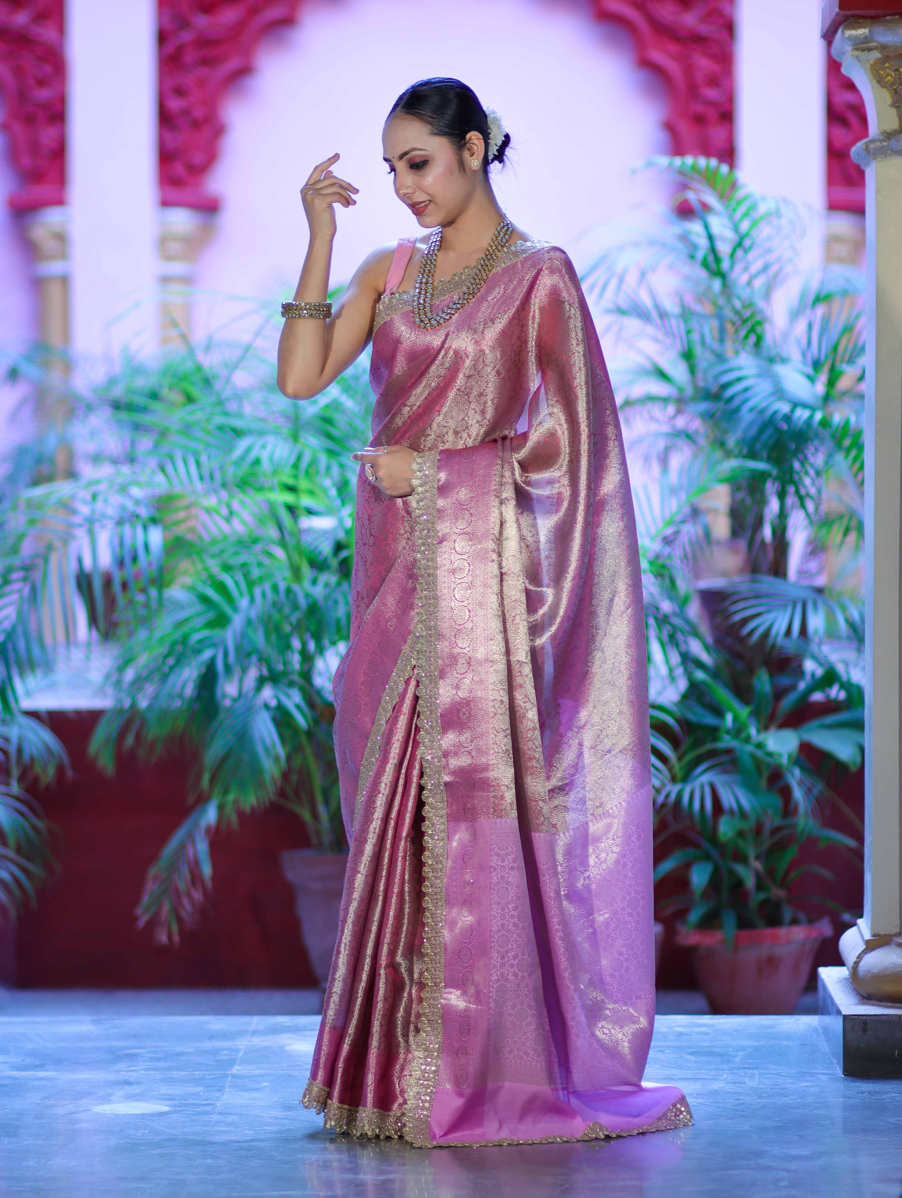 Banarasee Handloom Tissue Saree With Zari Weaving Floral Work & Lace Border-Light Pink