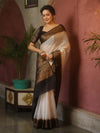 Banarasee Handwoven Semi Silk Plain Saree With Zari Contrast Border-White & Black