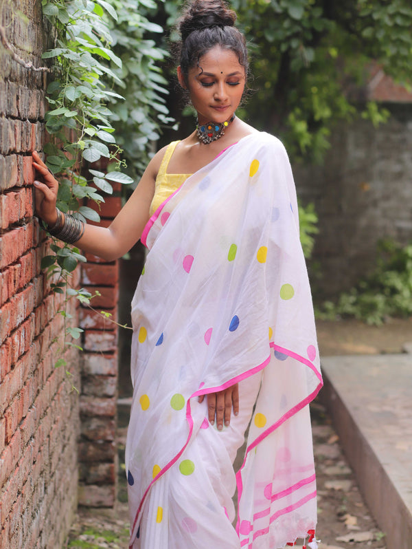 Handloom Mul Cotton Polka Dot Saree-White