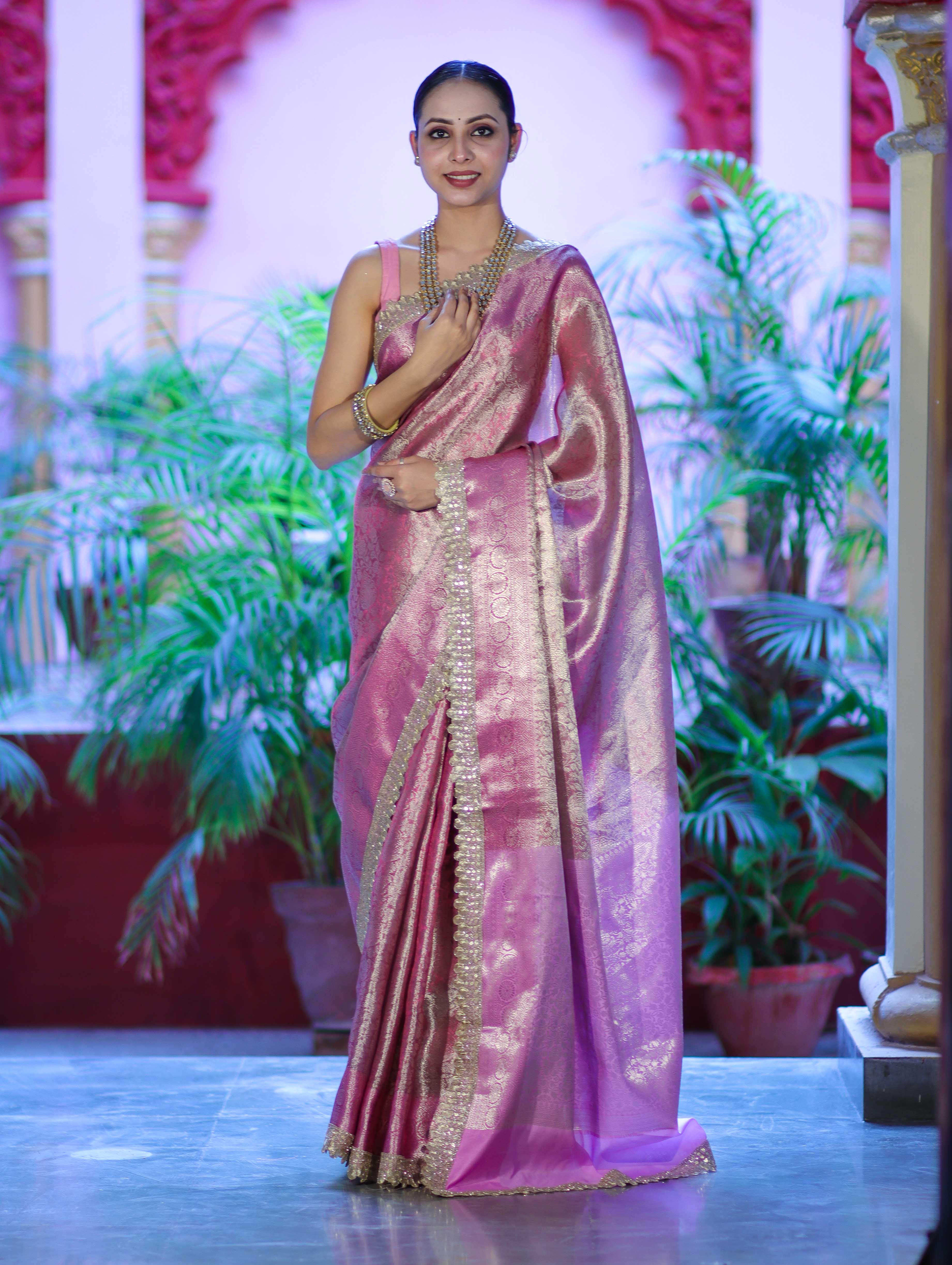 Banarasee Handloom Tissue Saree With Zari Weaving Floral Work & Lace Border-Light Pink