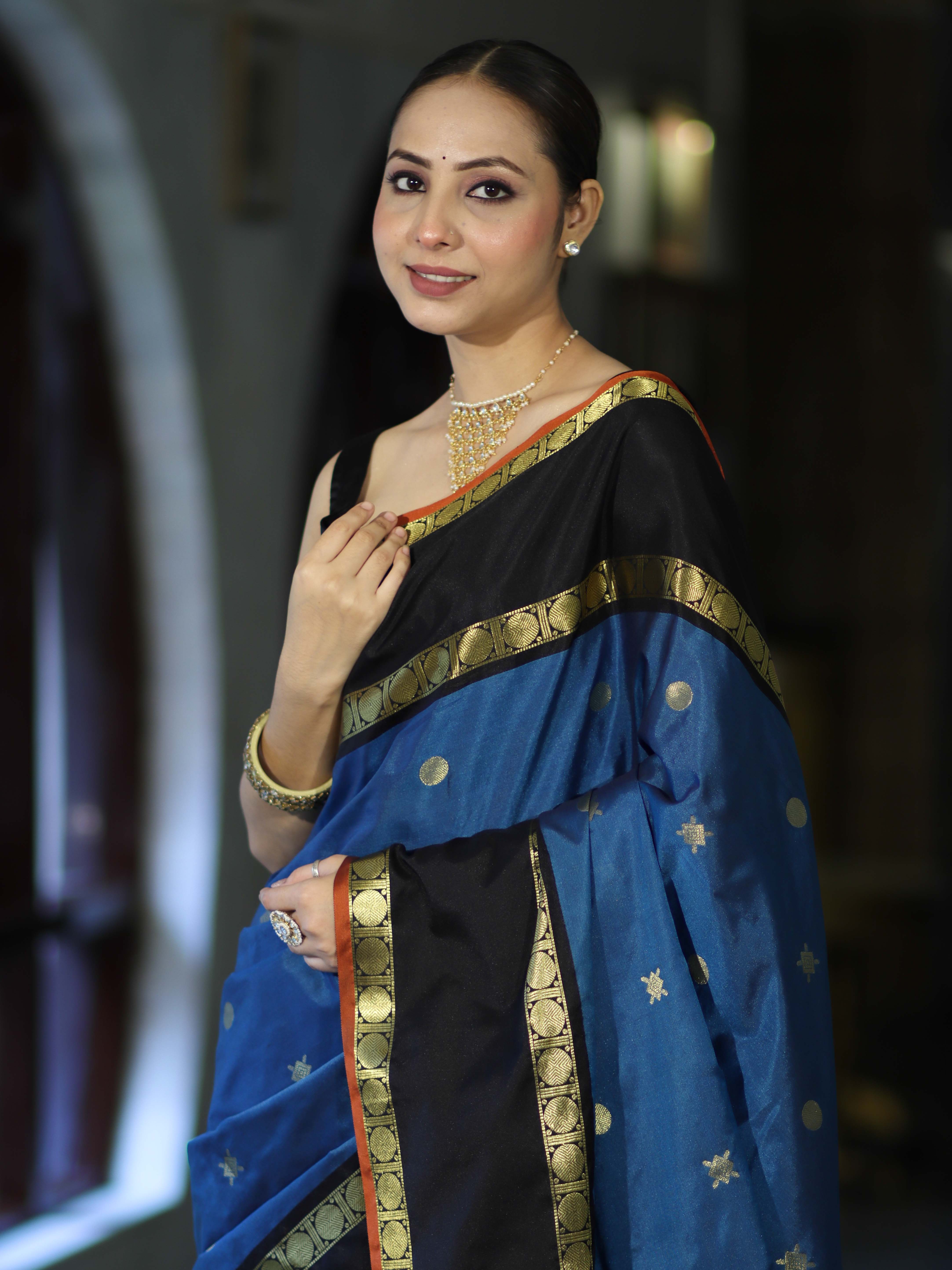 Banarasee Handloom Semi Silk Saree With Buti Design & Contrast Border-Blue & Black