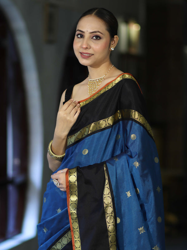 Banarasee Handloom Semi Silk Saree With Buti Design & Contrast Border-Blue & Black