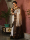 Banarasee Handwoven Semi Silk Plain Saree With Zari Contrast Border-White & Black