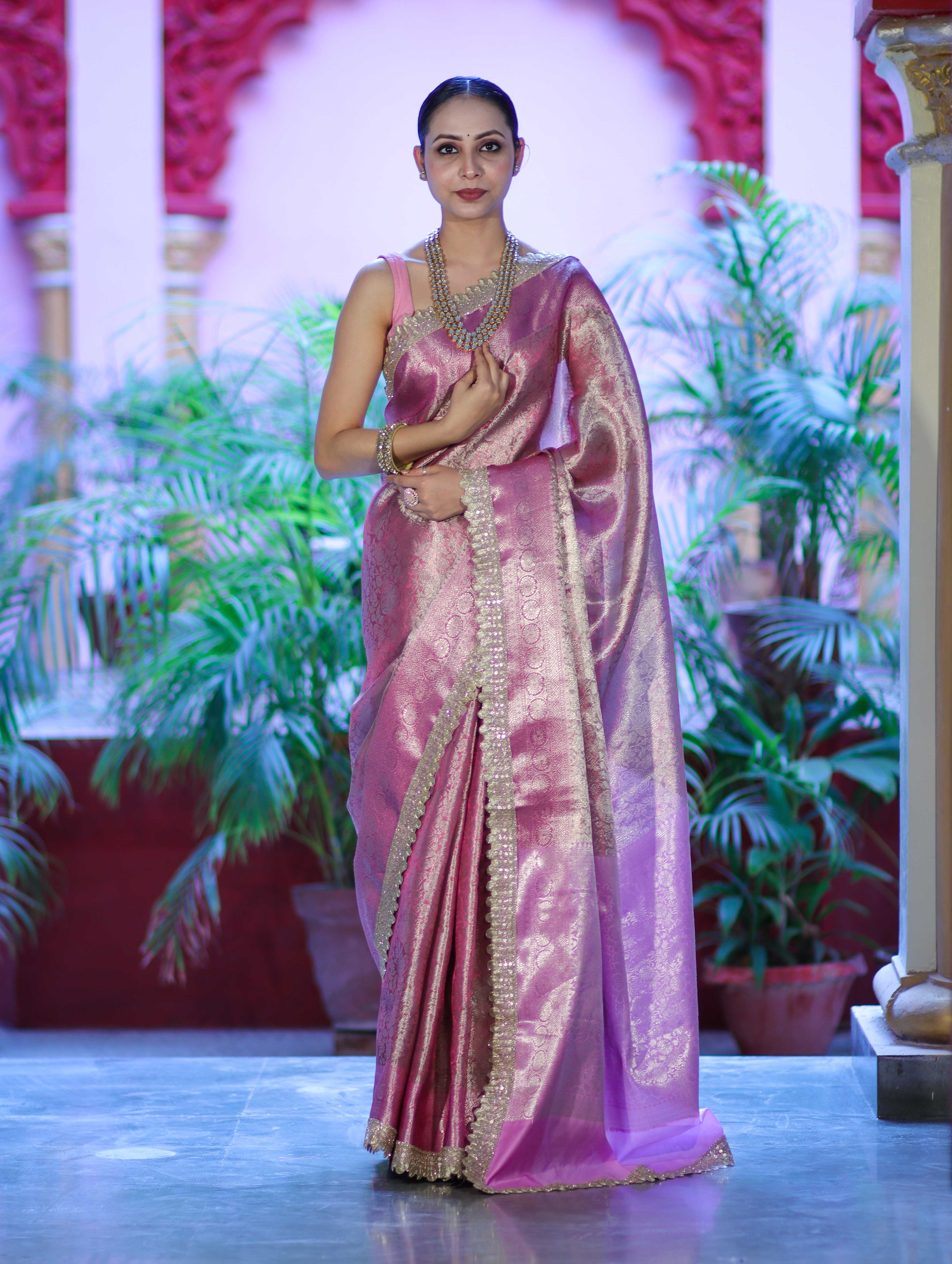 Banarasee Handloom Tissue Saree With Zari Weaving Floral Work & Lace Border-Light Pink