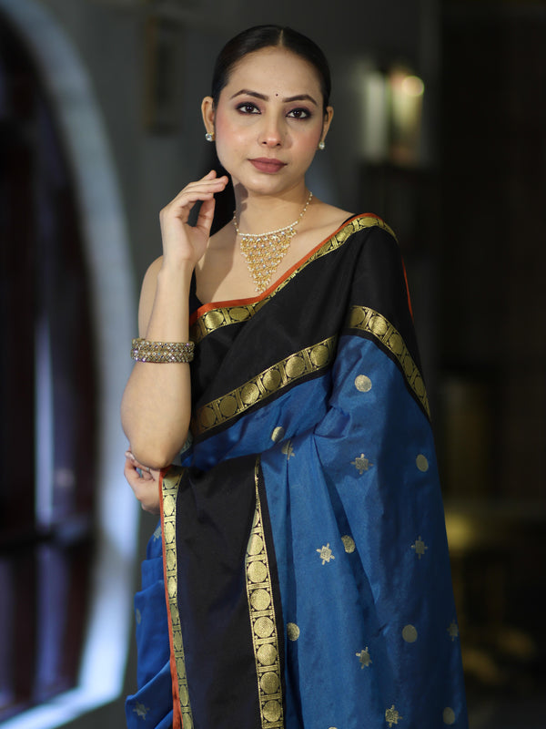 Banarasee Handloom Semi Silk Saree With Buti Design & Contrast Border-Blue & Black
