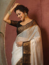 Banarasee Handwoven Semi Silk Plain Saree With Zari Contrast Border-White & Black