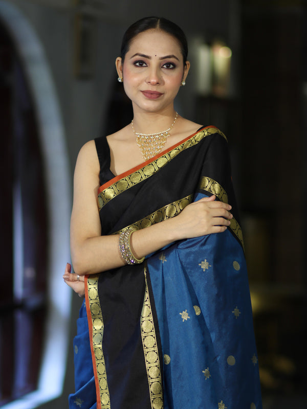 Banarasee Handloom Semi Silk Saree With Buti Design & Contrast Border-Blue & Black