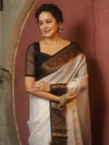 Banarasee Handwoven Semi Silk Plain Saree With Zari Contrast Border-White & Black