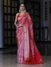 Banarasee Handloom Tissue Saree With Buti Design & Striped Zari Border-Red