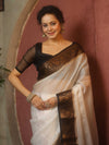 Banarasee Handwoven Semi Silk Plain Saree With Zari Contrast Border-White & Black