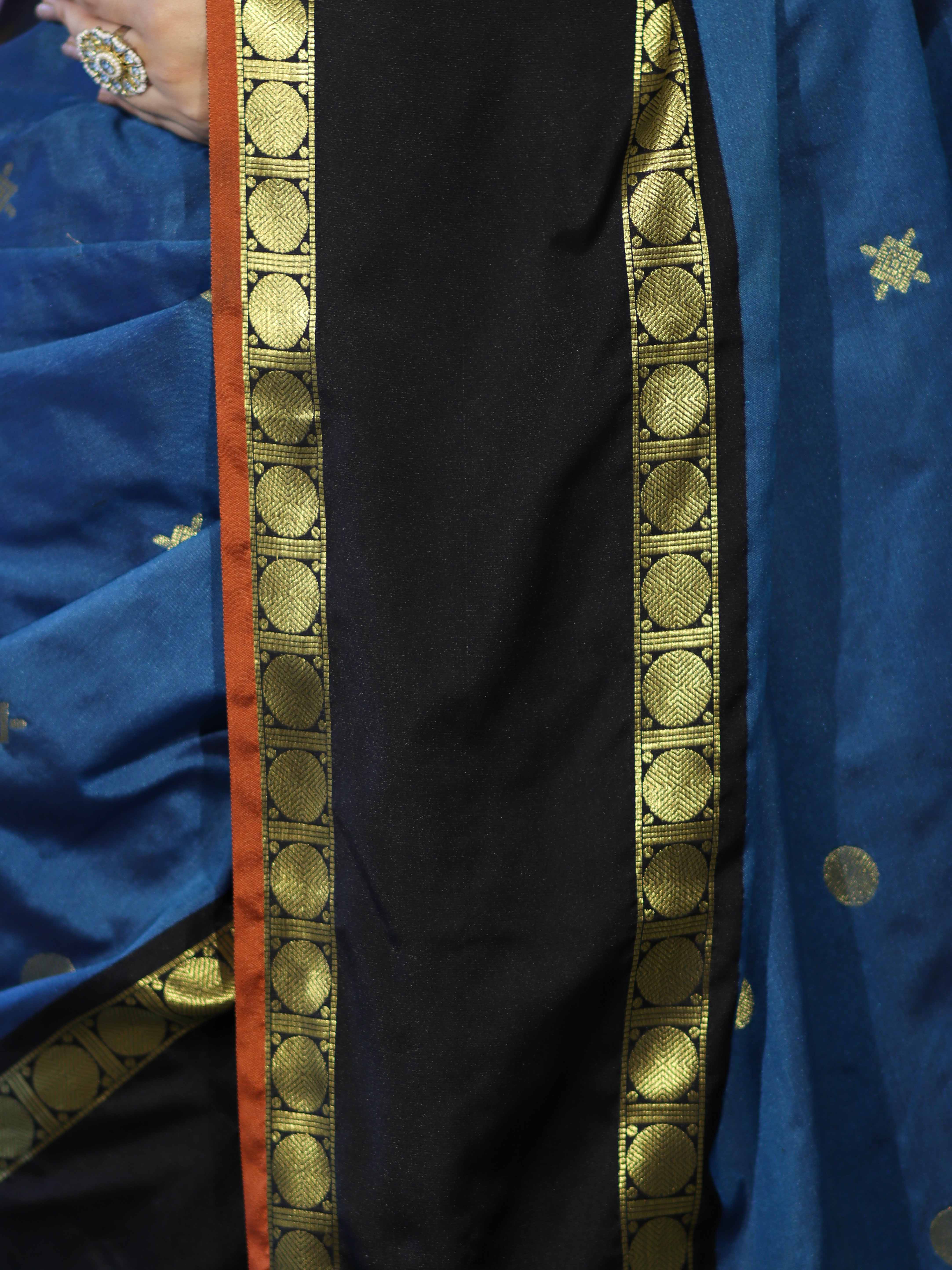Banarasee Handloom Semi Silk Saree With Buti Design & Contrast Border-Blue & Black