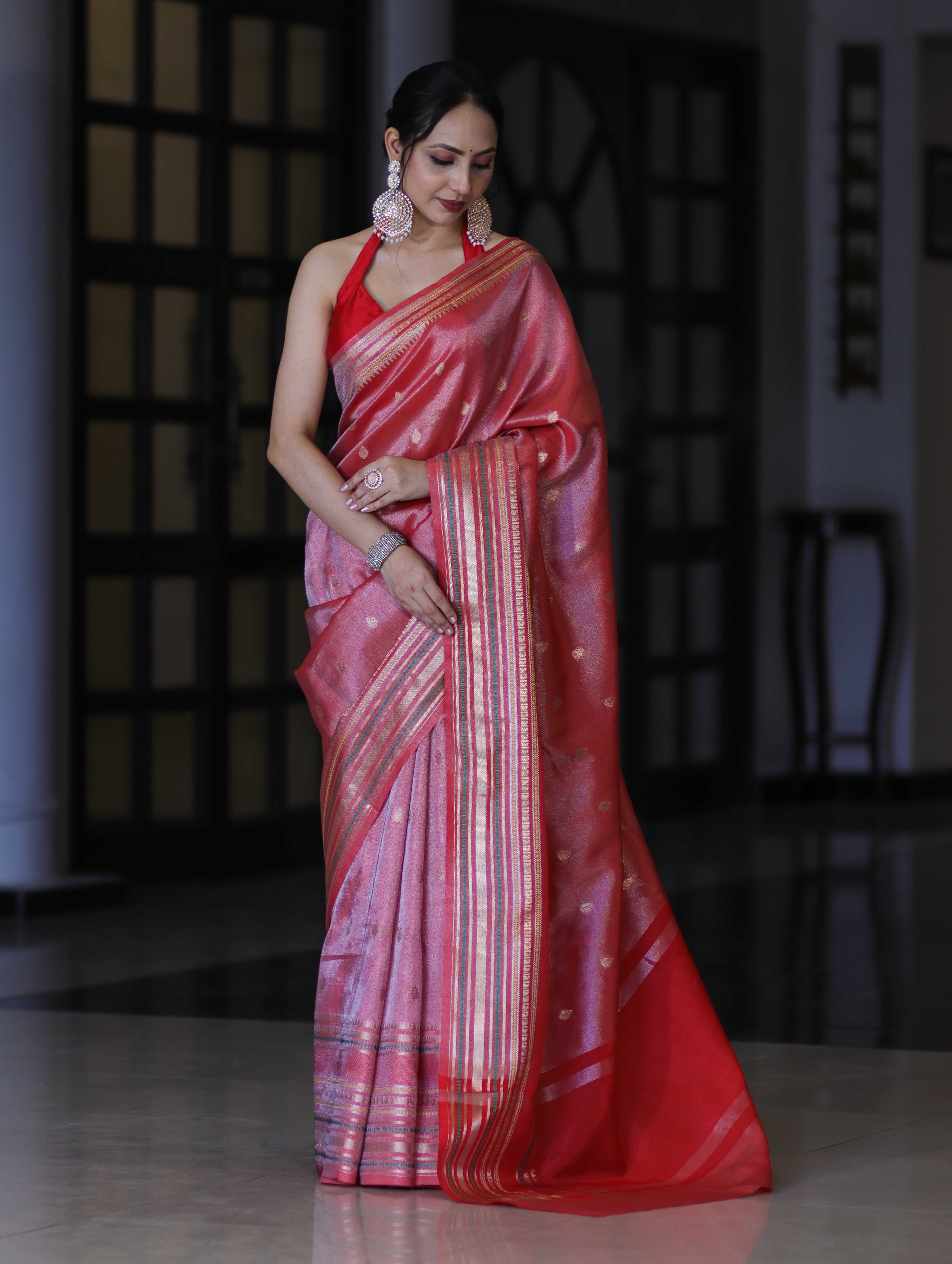 Banarasee Handloom Tissue Saree With Buti Design & Striped Zari Border-Red