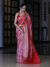 Banarasee Handloom Tissue Saree With Buti Design & Striped Zari Border-Red