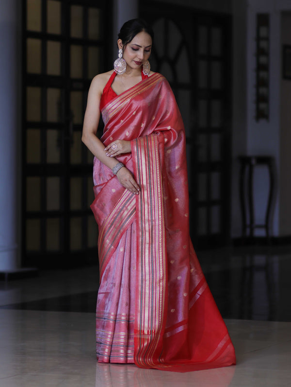 Banarasee Handloom Tissue Saree With Buti Design & Striped Zari Border-Red