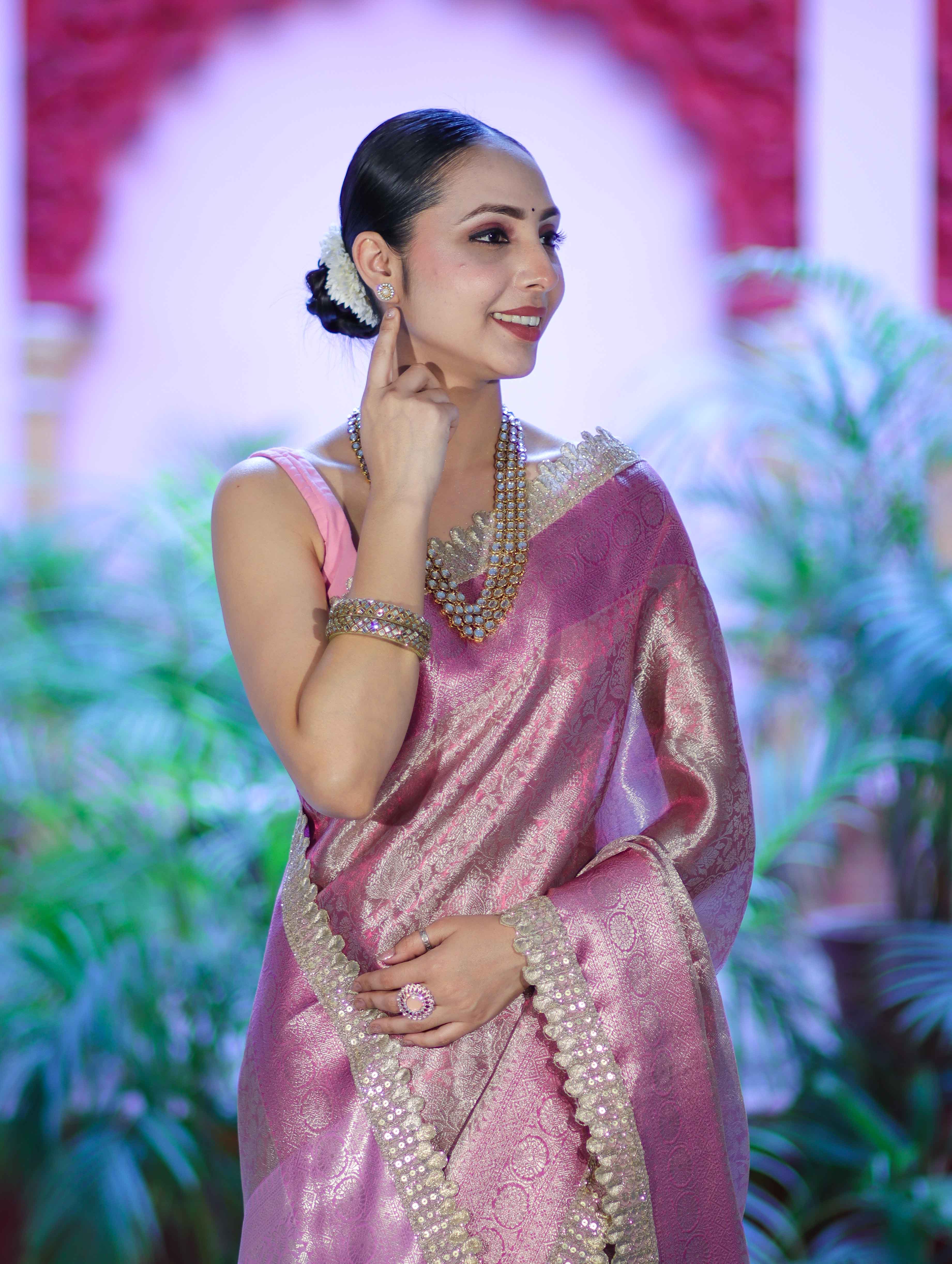 Banarasee Handloom Tissue Saree With Zari Weaving Floral Work & Lace Border-Light Pink