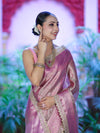 Banarasee Handloom Tissue Saree With Zari Weaving Floral Work & Lace Border-Light Pink