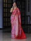 Banarasee Handloom Tissue Saree With Buti Design & Striped Zari Border-Red